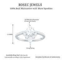 Pear shape 0.7 carat Moissanite engagement ring with a crown setting from Rosec Jewels, featuring sparkling stone and elegant band.