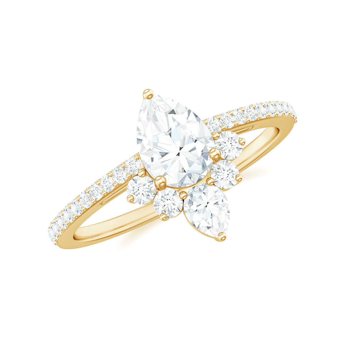 Pear-shaped 0.7 carat Moissanite engagement ring with a crown setting by Rosec Jewels, showcasing the sparkling gemstone and elegant band.
