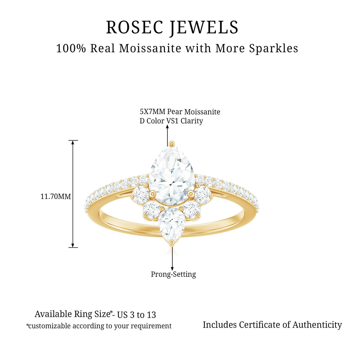 Pear-shaped 0.7 carat moissanite engagement ring from Rosec Jewels featuring a sparkling crown setting.