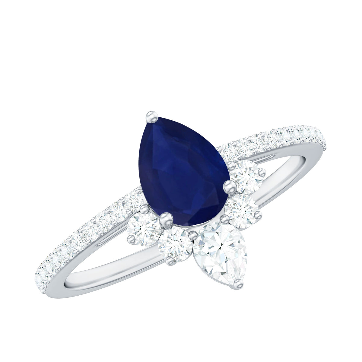 Pear-shaped blue sapphire engagement ring with 0.5 carat diamond accent, set in a Rosec Jewels ring design.