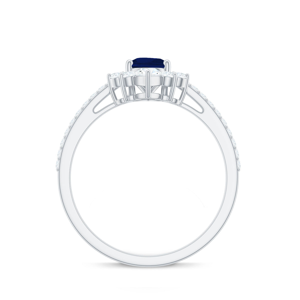 Pear-shaped blue sapphire engagement ring with diamond accents from Rosec Jewels, featuring a 0.5 carat sapphire and elegant crown setting.