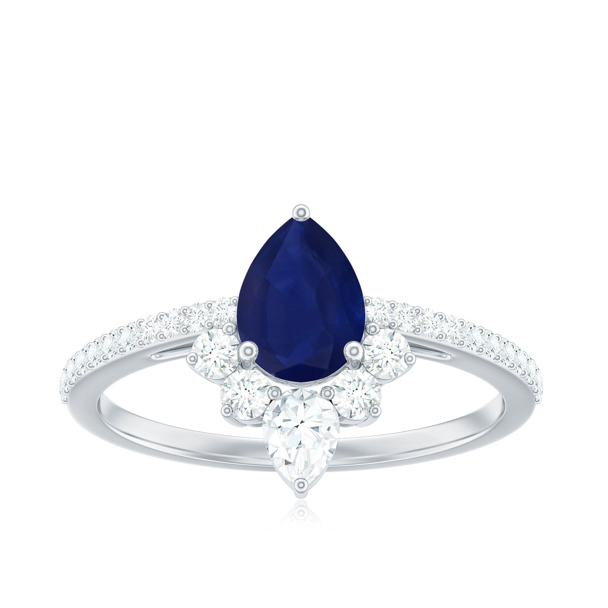 Pear-shaped blue sapphire engagement ring with diamond accents, featuring a crown setting, by Rosec Jewels.