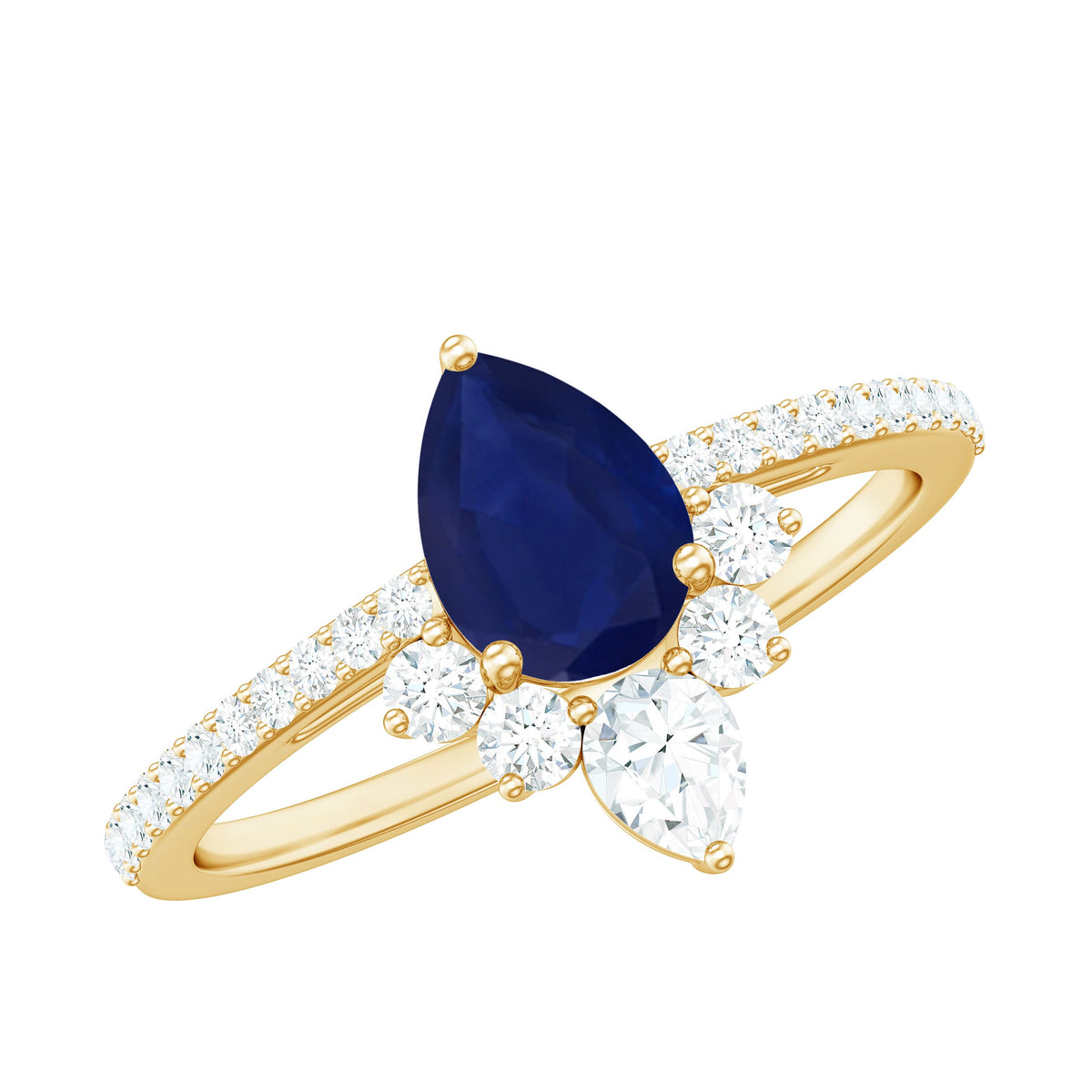 Pear-shaped blue sapphire engagement ring with diamonds by Rosec Jewels, featuring a 0.5 carat certified blue sapphire and elegant crown setting.