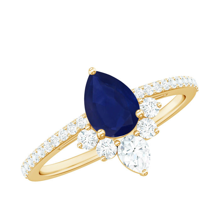 Pear-shaped blue sapphire engagement ring with diamonds by Rosec Jewels, featuring a 0.5 carat certified blue sapphire and elegant crown setting.