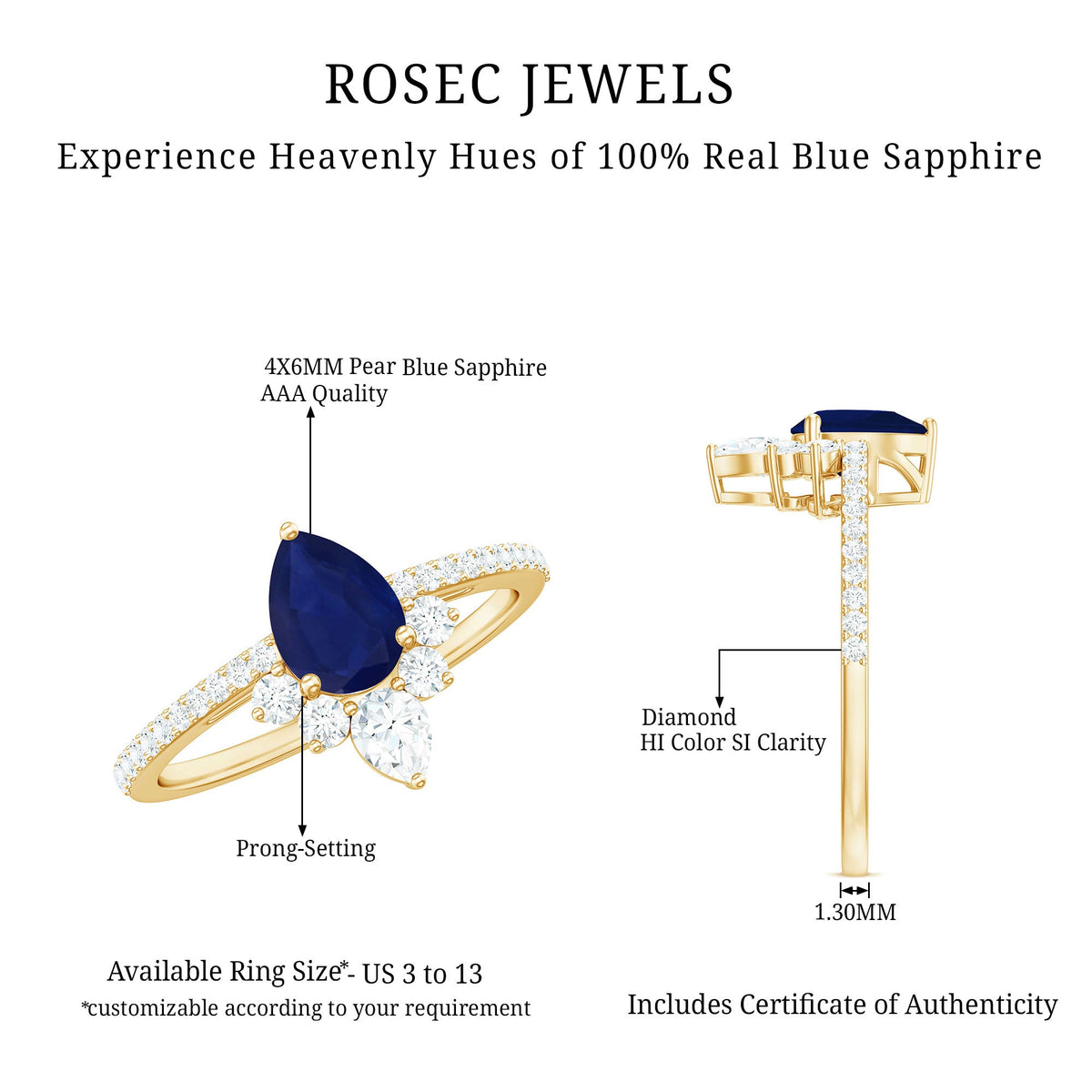 Pear-shaped blue sapphire engagement ring with diamond accents, crafted by Rosec Jewels, featuring a 0.5 carat gemstone and elegant crown setting.