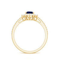Pear-shaped blue sapphire engagement ring with diamond accents from Rosec Jewels, featuring a 0.5 carat certified gemstone and crown setting.