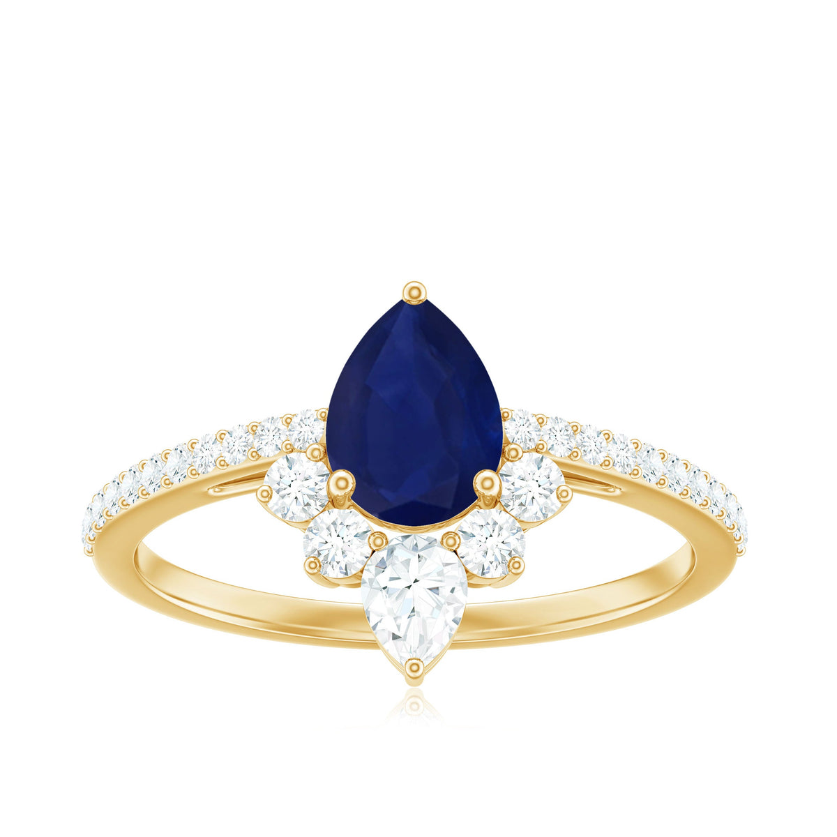 Pear-shaped blue sapphire crown engagement ring with diamonds from Rosec Jewels, featuring a 0.5 carat center stone and intricate design.