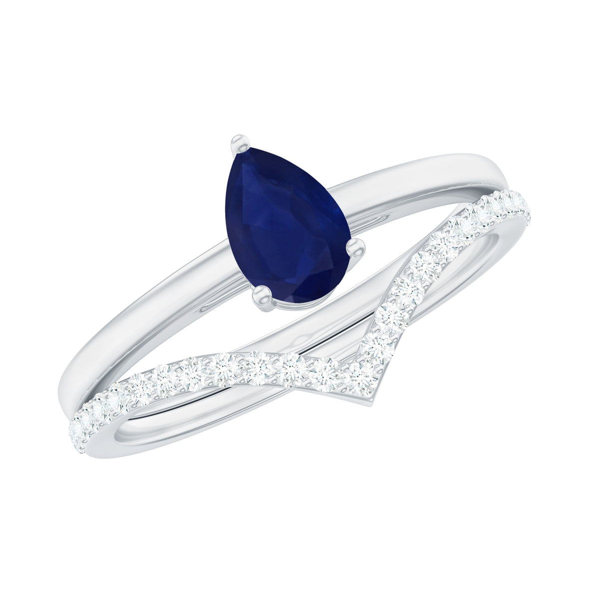Pear cut blue sapphire solitaire ring set with diamond enhancer band, showcasing elegant jewelry design by Rosec Jewels.