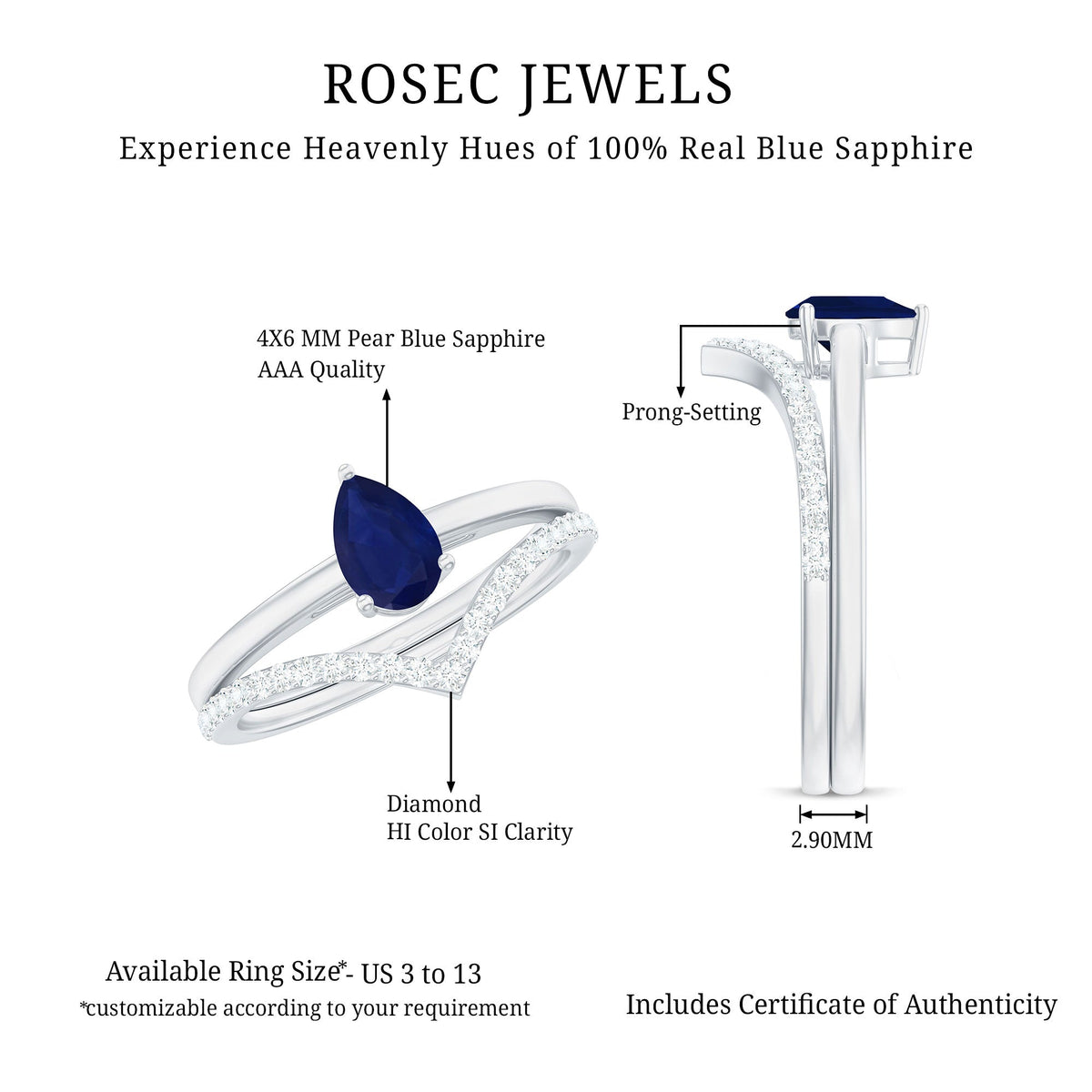 Pear cut blue sapphire solitaire ring set with diamond enhancer band, showcasing a shimmering blue gemstone and sparkling diamonds.