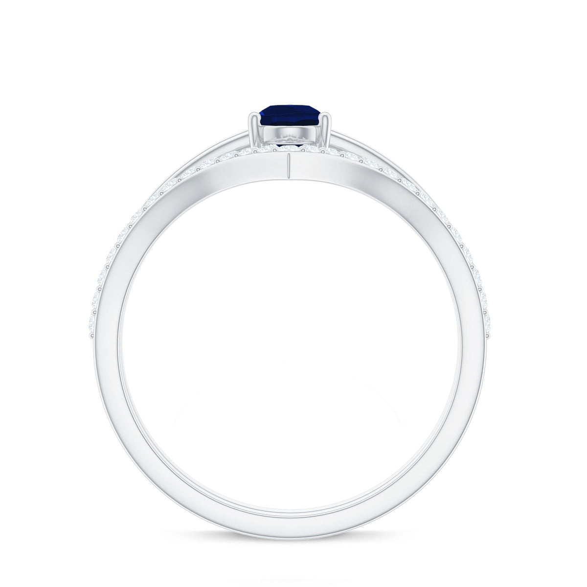 Pear cut blue sapphire solitaire ring set with diamond enhancer band, showcasing elegant blue gemstone and sparkling accents.