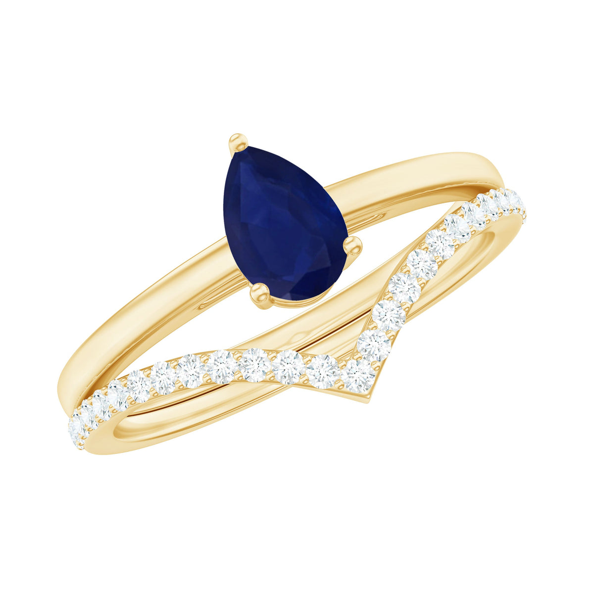 Blue sapphire solitaire ring set with diamond enhancer band, featuring a pear-shaped blue sapphire and sparkling diamonds.