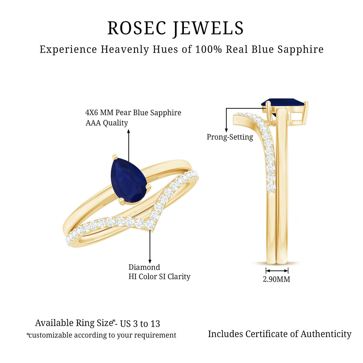 Pear cut blue sapphire solitaire ring set with diamond enhancer band, featuring a stunning blue gemstone and sparkling accents.