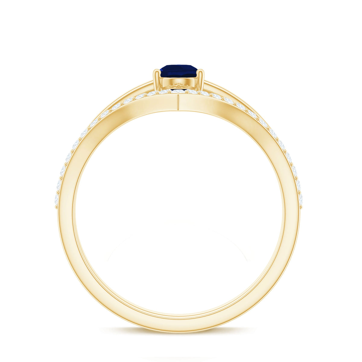 Blue sapphire solitaire ring set with pear-cut gemstone and diamond enhancer band, featuring a Rosec Jewels design.