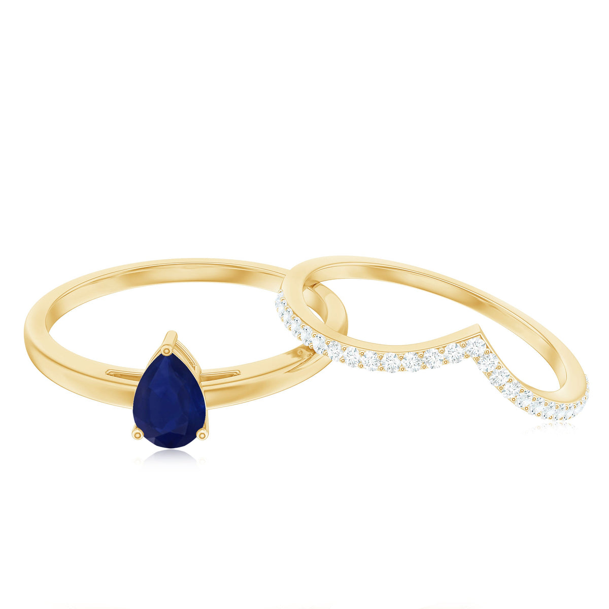 Pear cut blue sapphire solitaire ring set with diamond enhancer band by Rosec Jewels, featuring a blue sapphire and sparkling diamonds.
