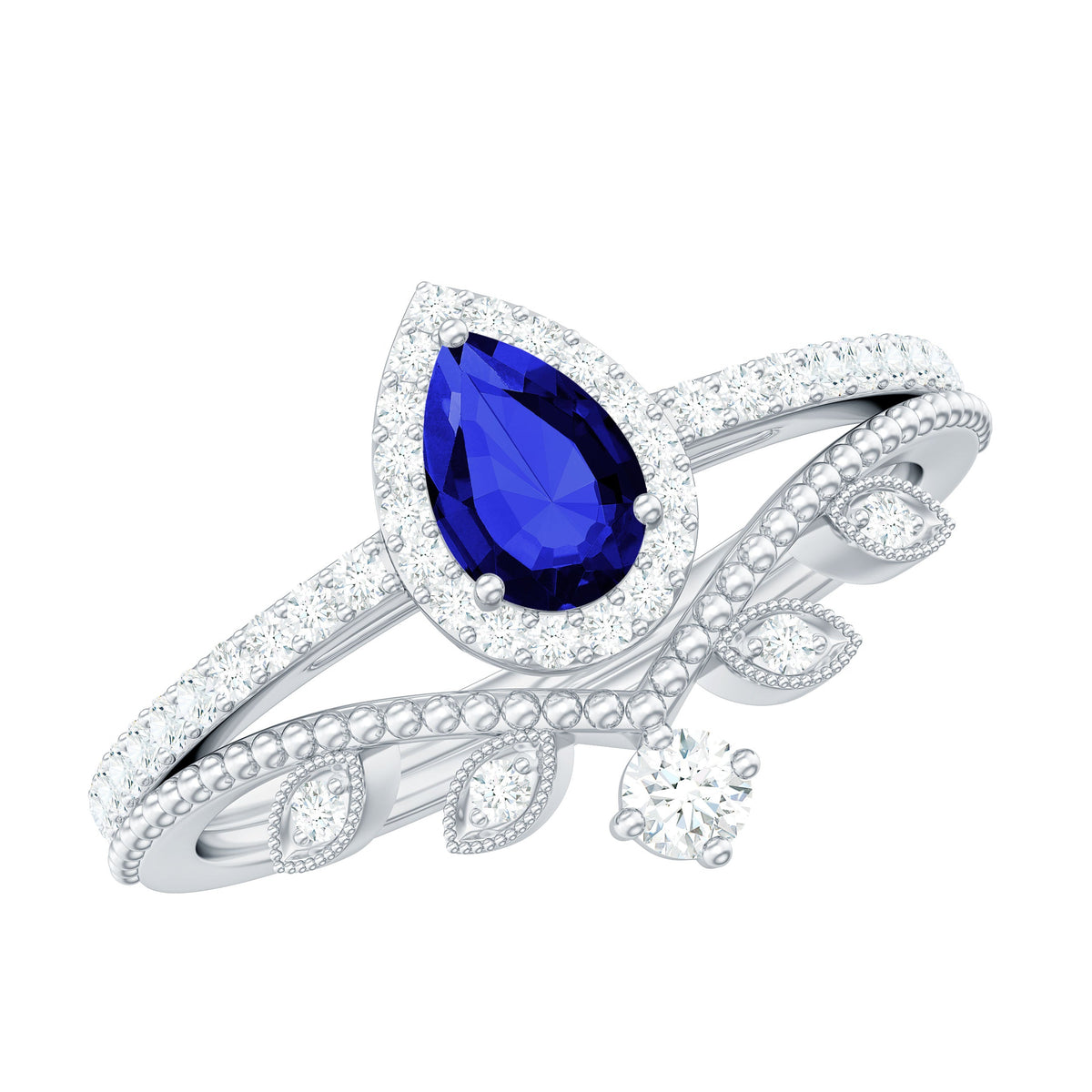Lab grown blue sapphire pear-shaped engagement ring set with diamonds, featuring elegant silver bands and detailed gemstone setting.