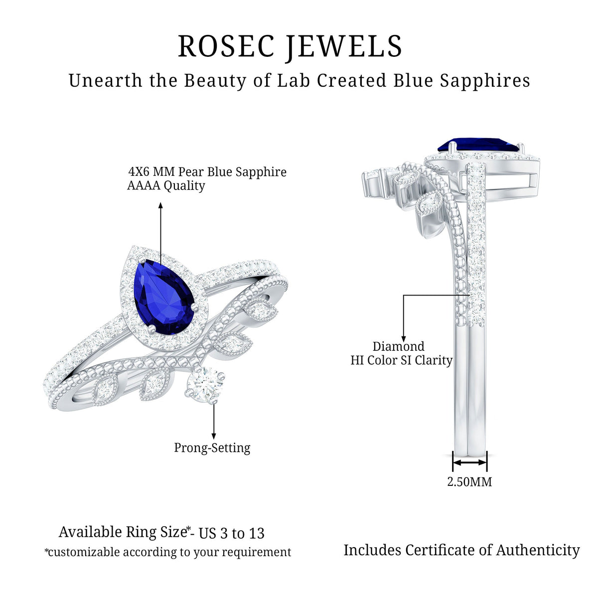 Pear-shaped blue sapphire engagement ring set with diamonds, lab-grown blue sapphire, and elegant ring design by Rosec Jewels.