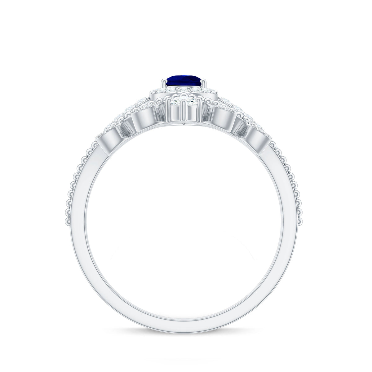 Blue sapphire pear-shaped engagement ring set with diamonds from Rosec Jewels, showcasing the elegant ring design and sparkling stones.
