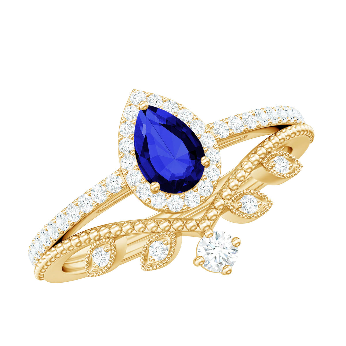 Lab-grown blue sapphire pear-shaped engagement ring set with diamonds, featuring a Rosec Jewels ring and elegant design.