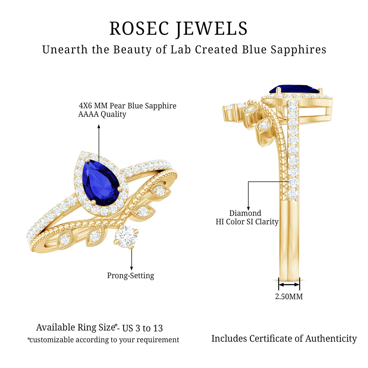 Blue sapphire pear-shaped engagement ring set with diamonds, crafted by Rosec Jewels, showcasing the detailed gemstone and elegant band design.