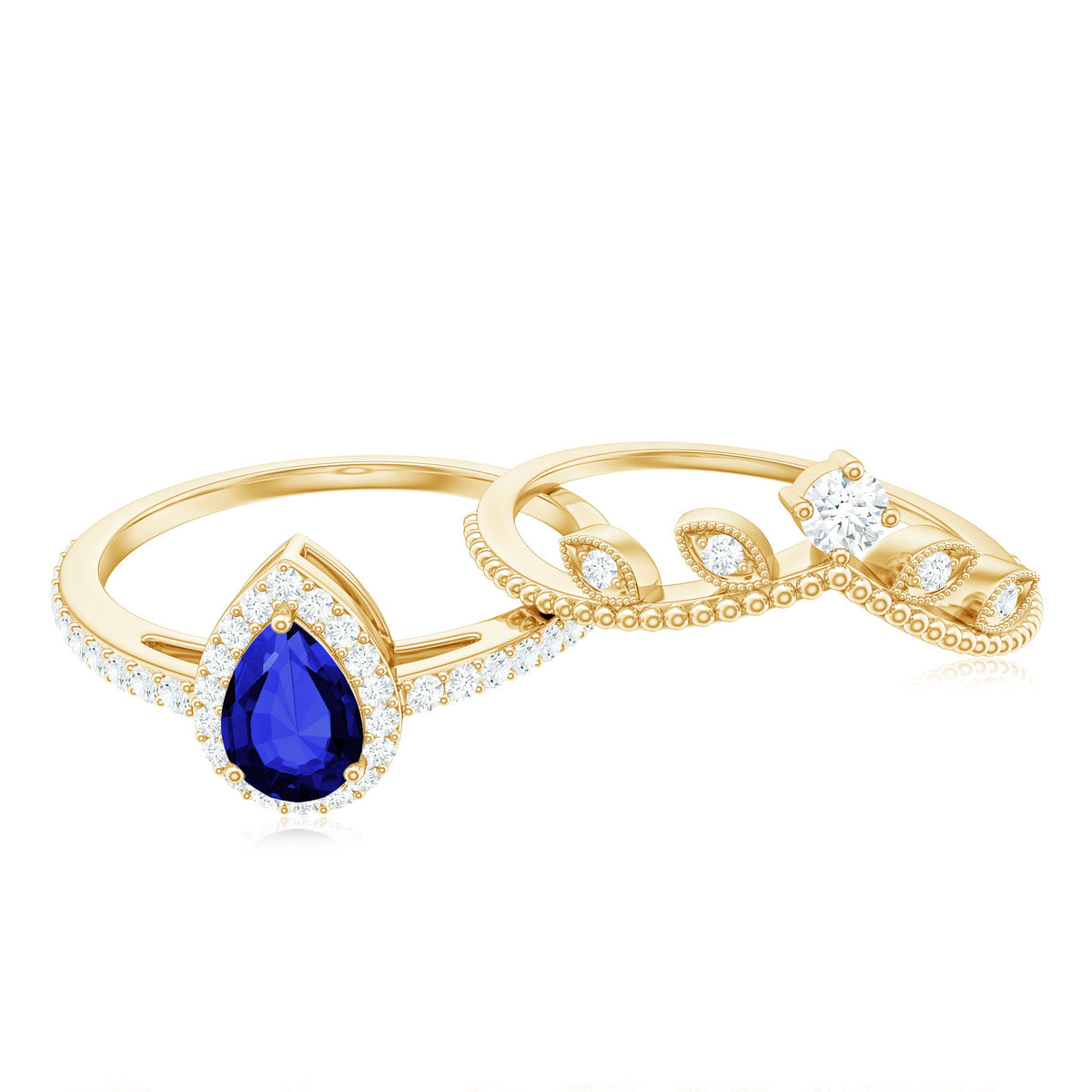 Pear-shaped blue sapphire engagement ring set with diamonds by Rosec Jewels, featuring a stunning lab-grown blue sapphire centerpiece.