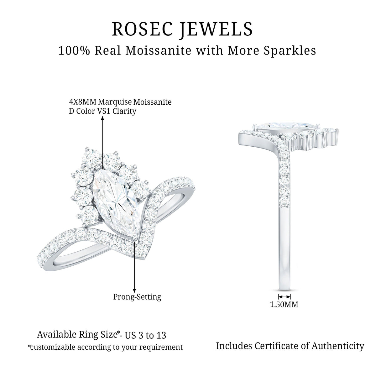 Marquise cut moissanite engagement ring by Rosec Jewels featuring a sparkling center stone and elegant band design.
