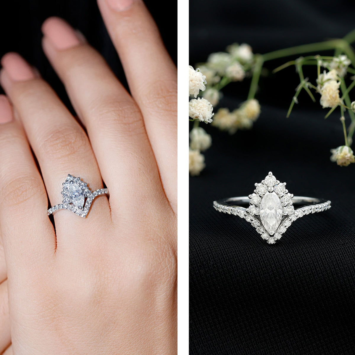 Marquise cut moissanite engagement ring by Rosec Jewels featuring a sparkling central stone and elegant band design.