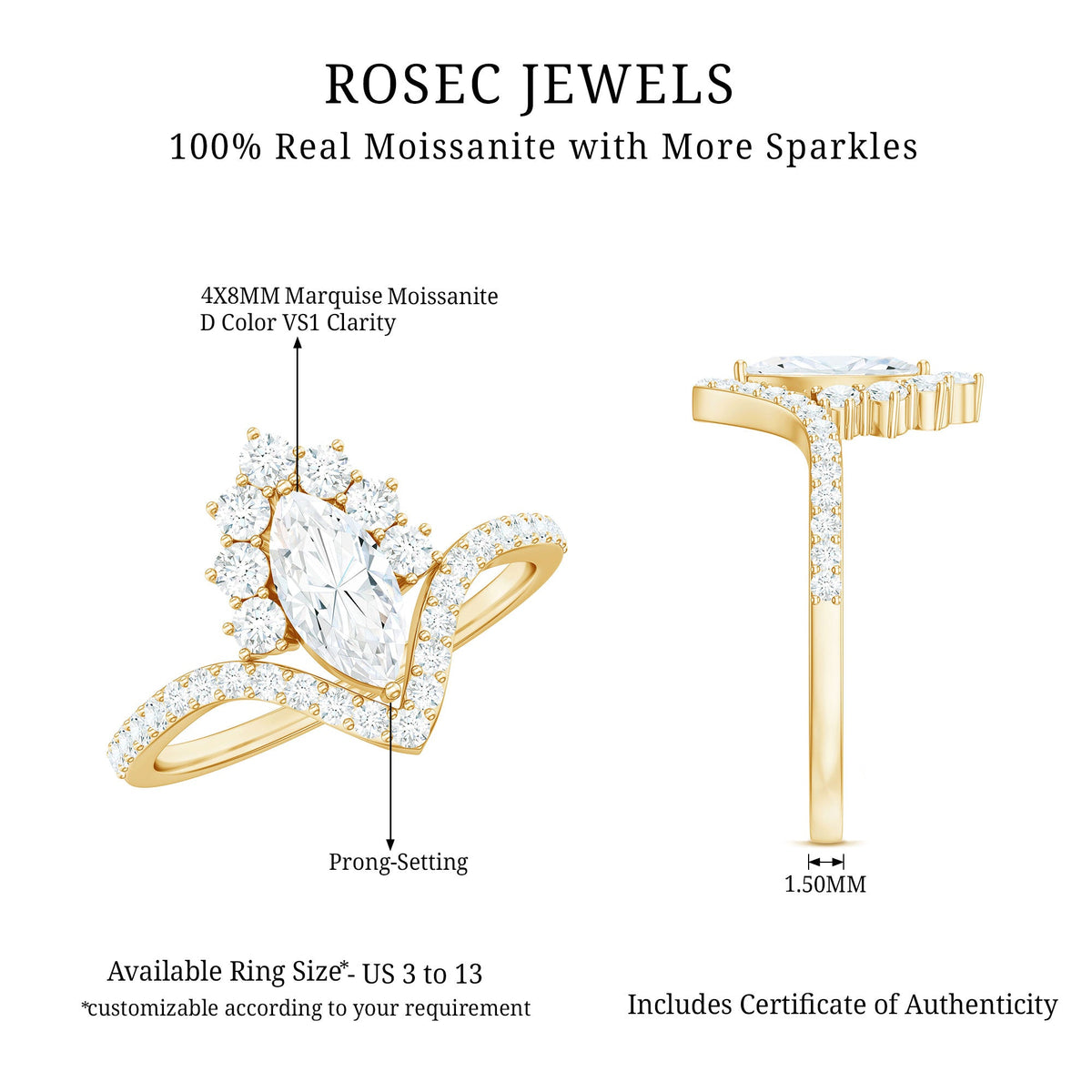Marquise cut Moissanite engagement ring by Rosec Jewels featuring a sparkling center stone and intricate band design.