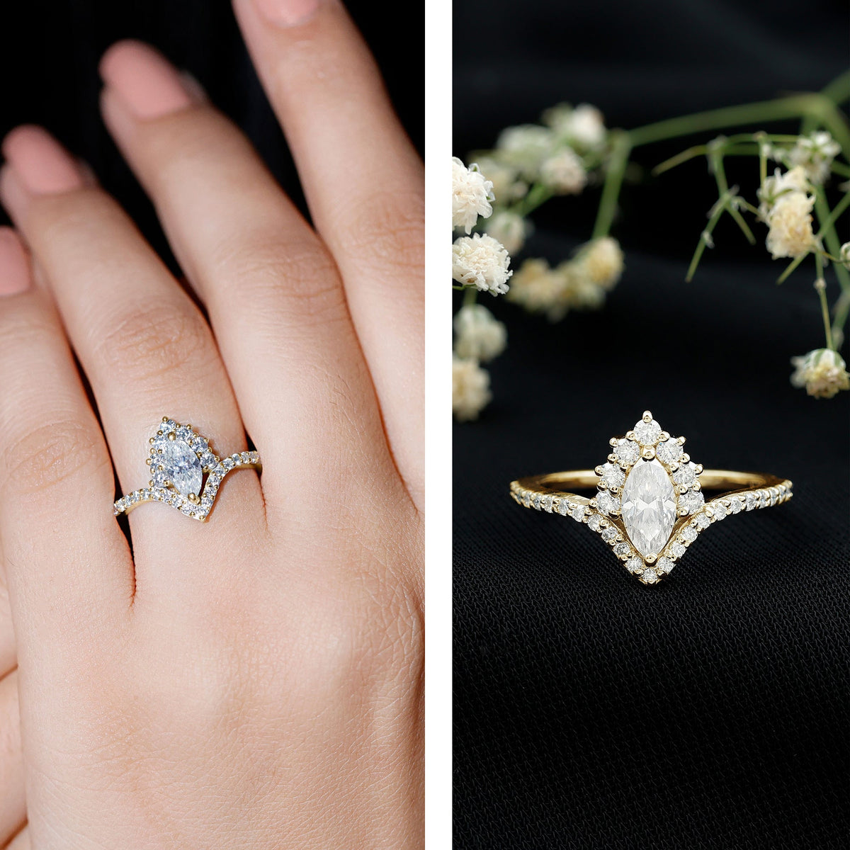 Marquise cut moissanite engagement ring by Rosec Jewels featuring a sparkling central stone and elegant band design.