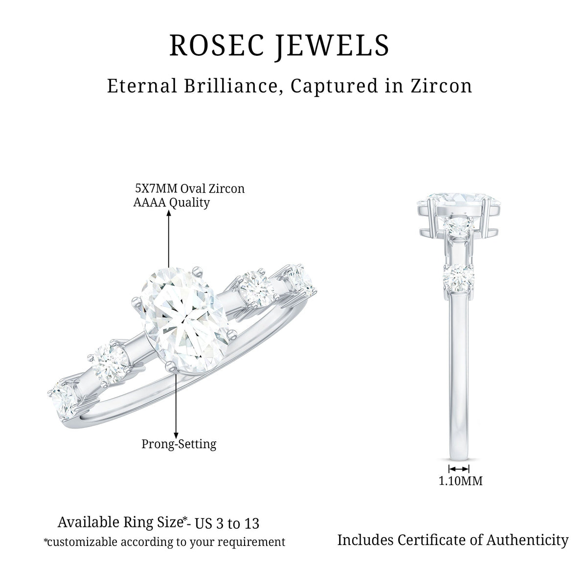 Oval cubic zirconia solitaire engagement ring for women with a sleek band, featuring a sparkling central stone.