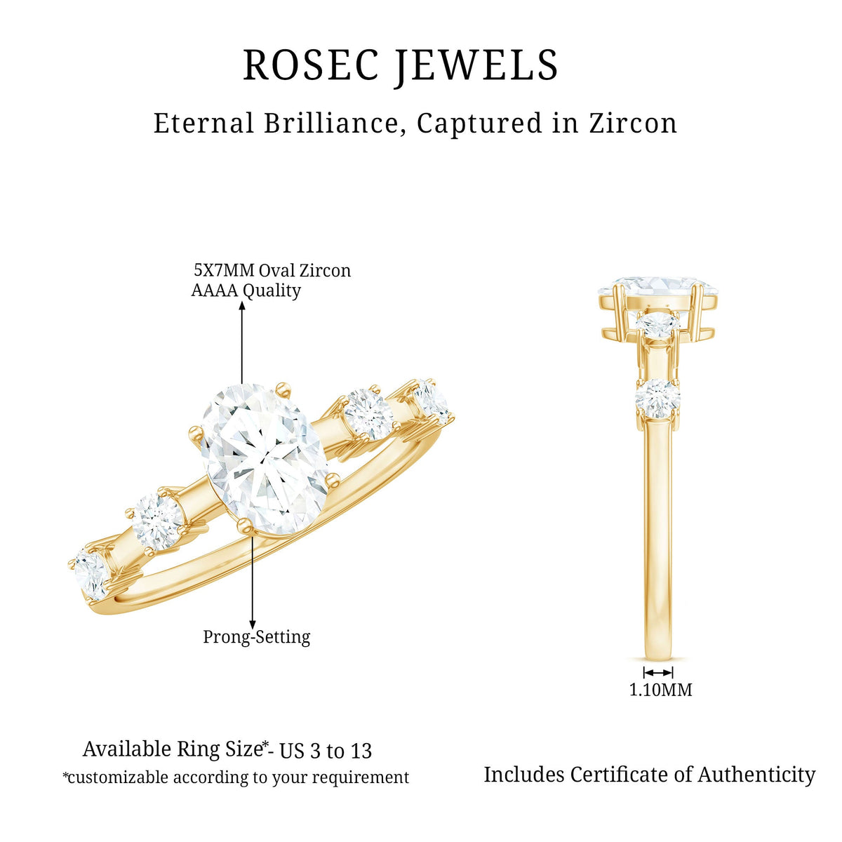 Oval cubic zirconia solitaire engagement ring for women with a sleek band, crafted by Rosec Jewels.