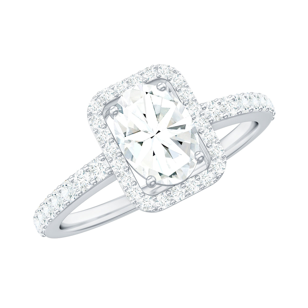 Oval cut zircon halo engagement ring with side stones from Rosec Jewels, featuring a sparkling central stone and detailed band.