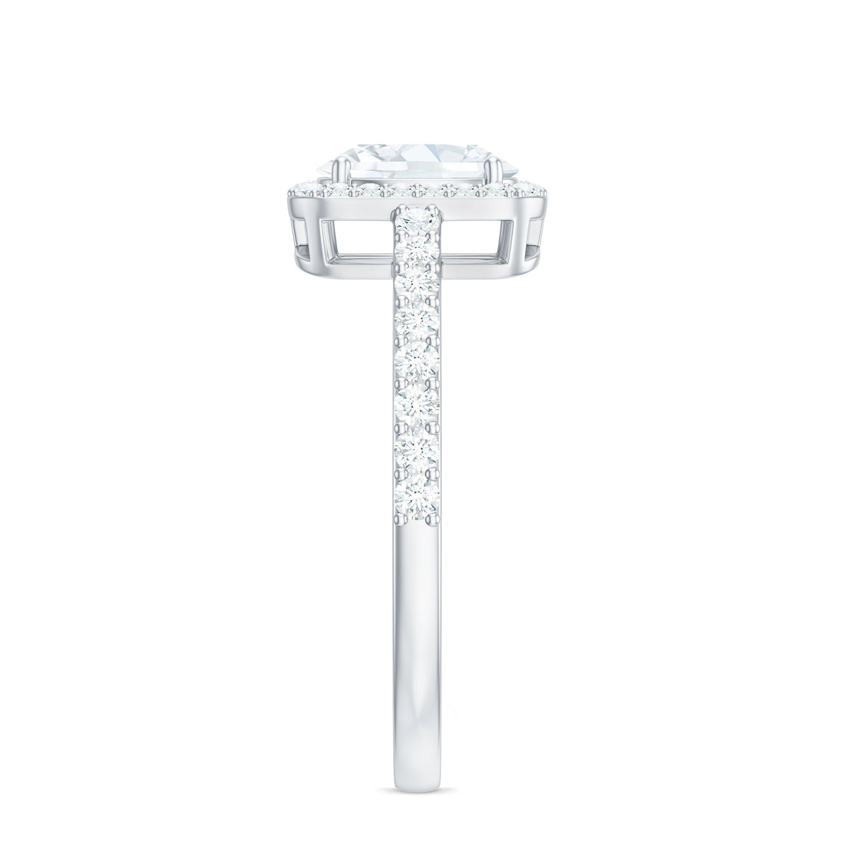 Oval cut zircon halo engagement ring with side stones by Rosec Jewels, featuring a central gemstone and sparkling accents.