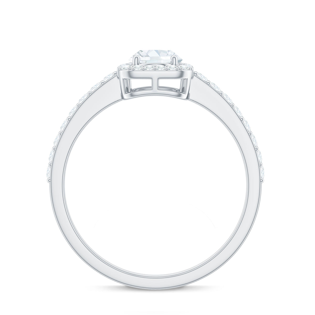 Oval cut zircon halo engagement ring with side stones from Rosec Jewels, featuring a sparkling center and intricate side accents.