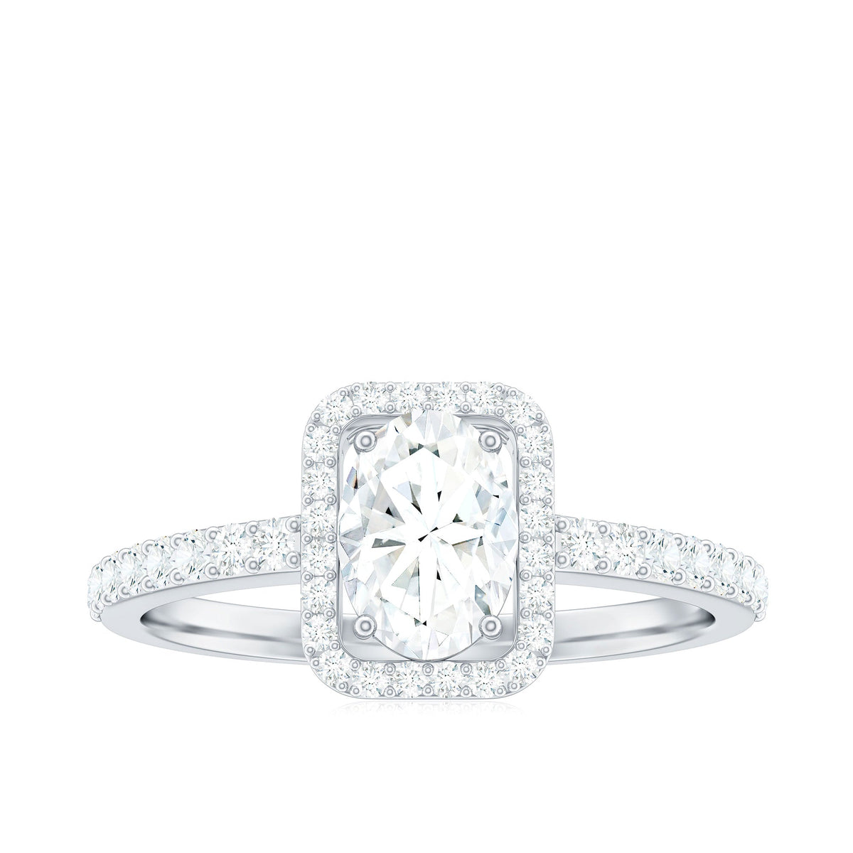 Oval cut zircon halo engagement ring with side stones by Rosec Jewels, showcasing sparkling center and intricate side detail.