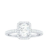 Oval cut zircon halo engagement ring with side stones by Rosec Jewels, showcasing sparkling center and intricate side detail.