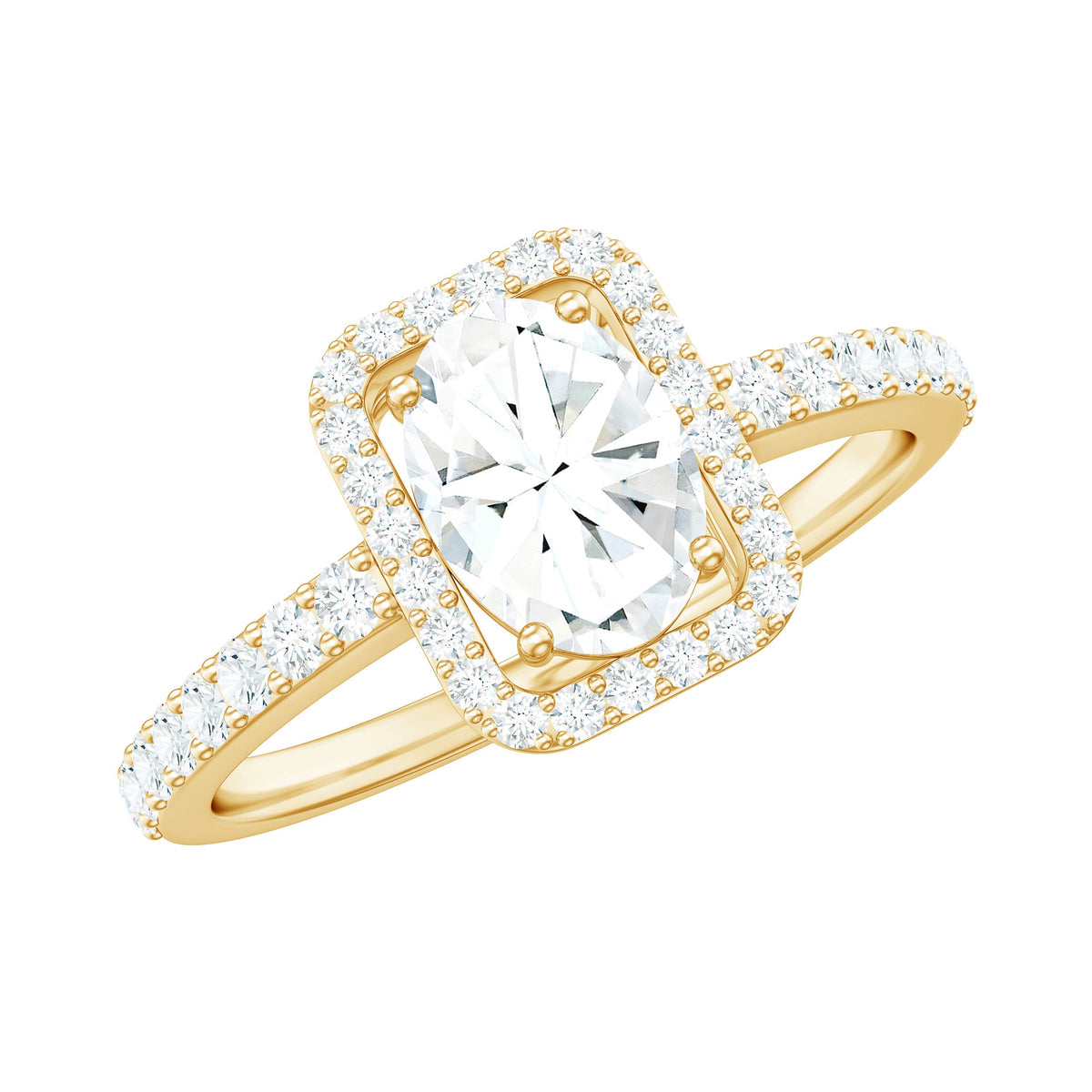 Oval cut zircon halo engagement ring with side stones from Rosec Jewels, showcasing a sparkling central stone and intricate side accents.
