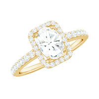 Oval cut zircon halo engagement ring with side stones from Rosec Jewels, showcasing a sparkling central stone and intricate side accents.
