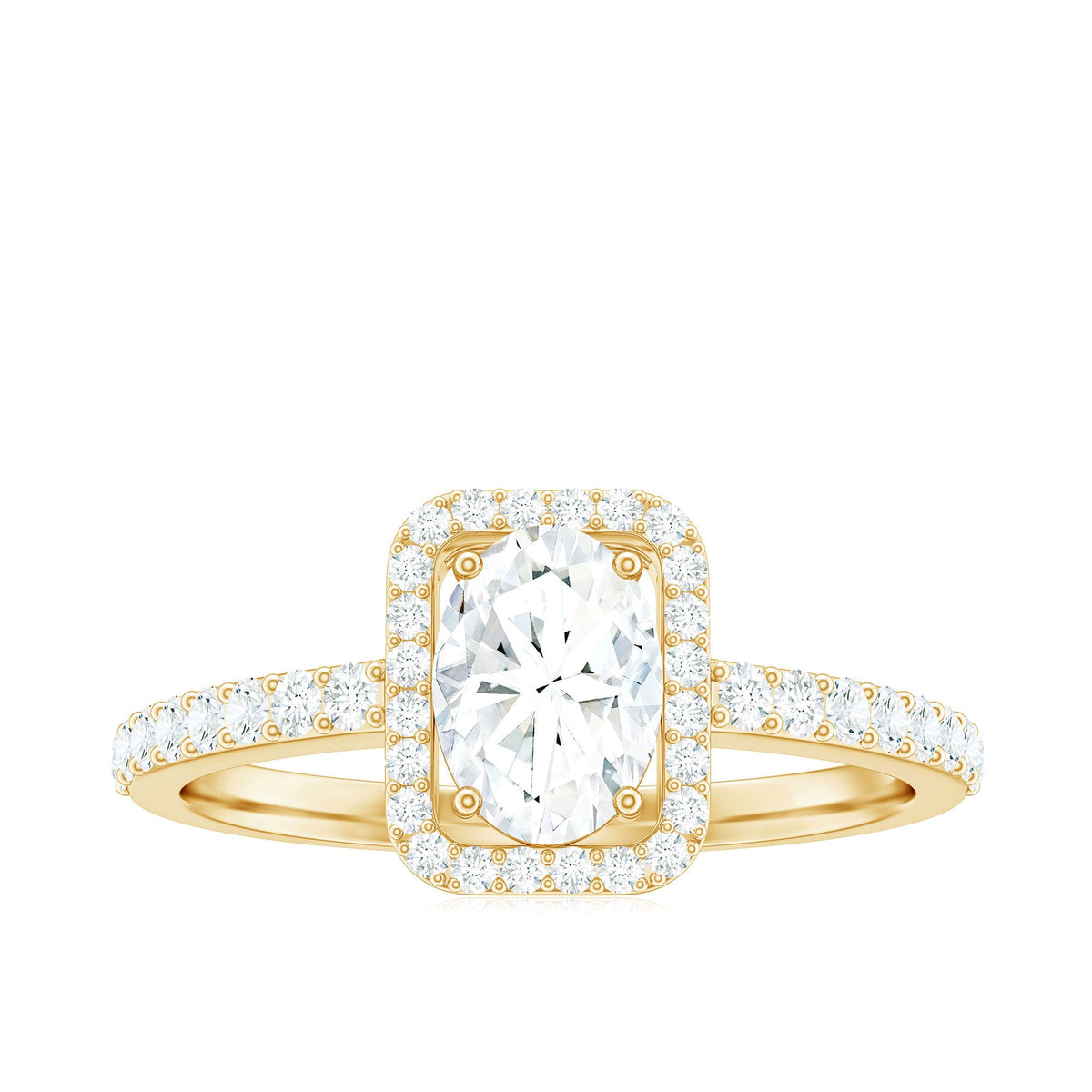 Oval cut zircon halo engagement ring with side stones from Rosec Jewels, featuring a sparkling central stone and intricate band details.