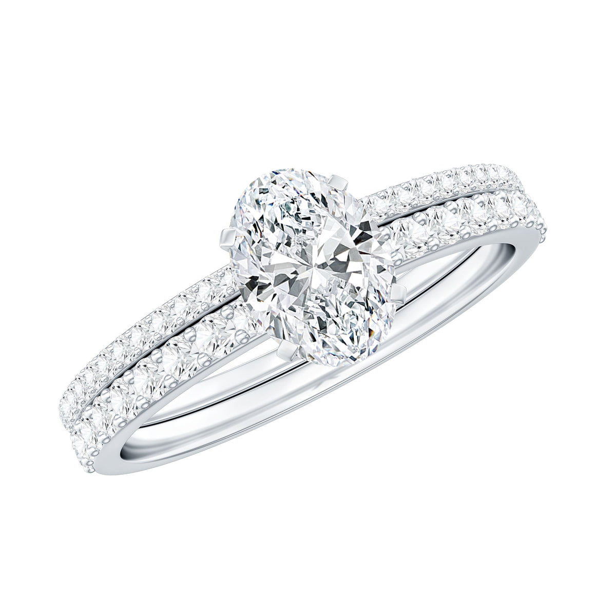Oval-shaped moissanite engagement ring and wedding band set by Rosec Jewels, featuring sparkling center stones and elegant design.