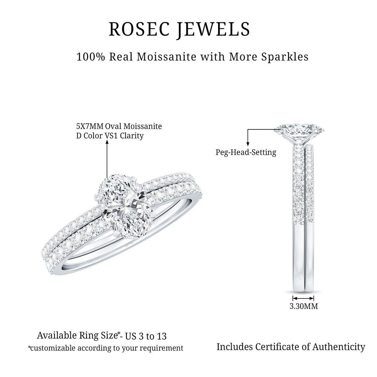 Oval moissanite engagement ring with matching wedding band set by Rosec Jewels, showcasing sparkling gemstone and elegant design.