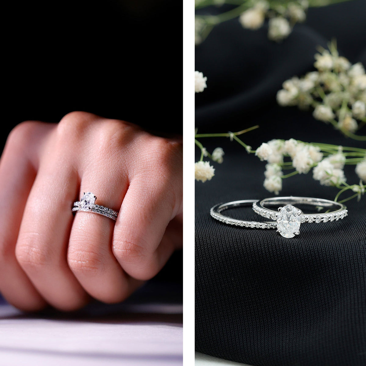 Oval shaped moissanite engagement ring with matching wedding band set from Rosec Jewels, featuring sparkling gemstone and elegant design.