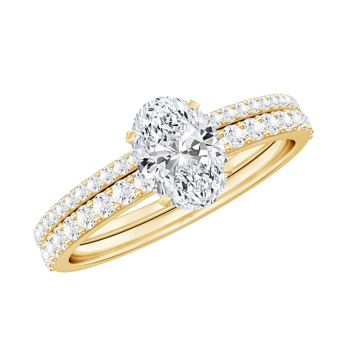 Oval-shaped Moissanite engagement ring with matching wedding band set from Rosec Jewels, showcasing sparkling stones and elegant design.