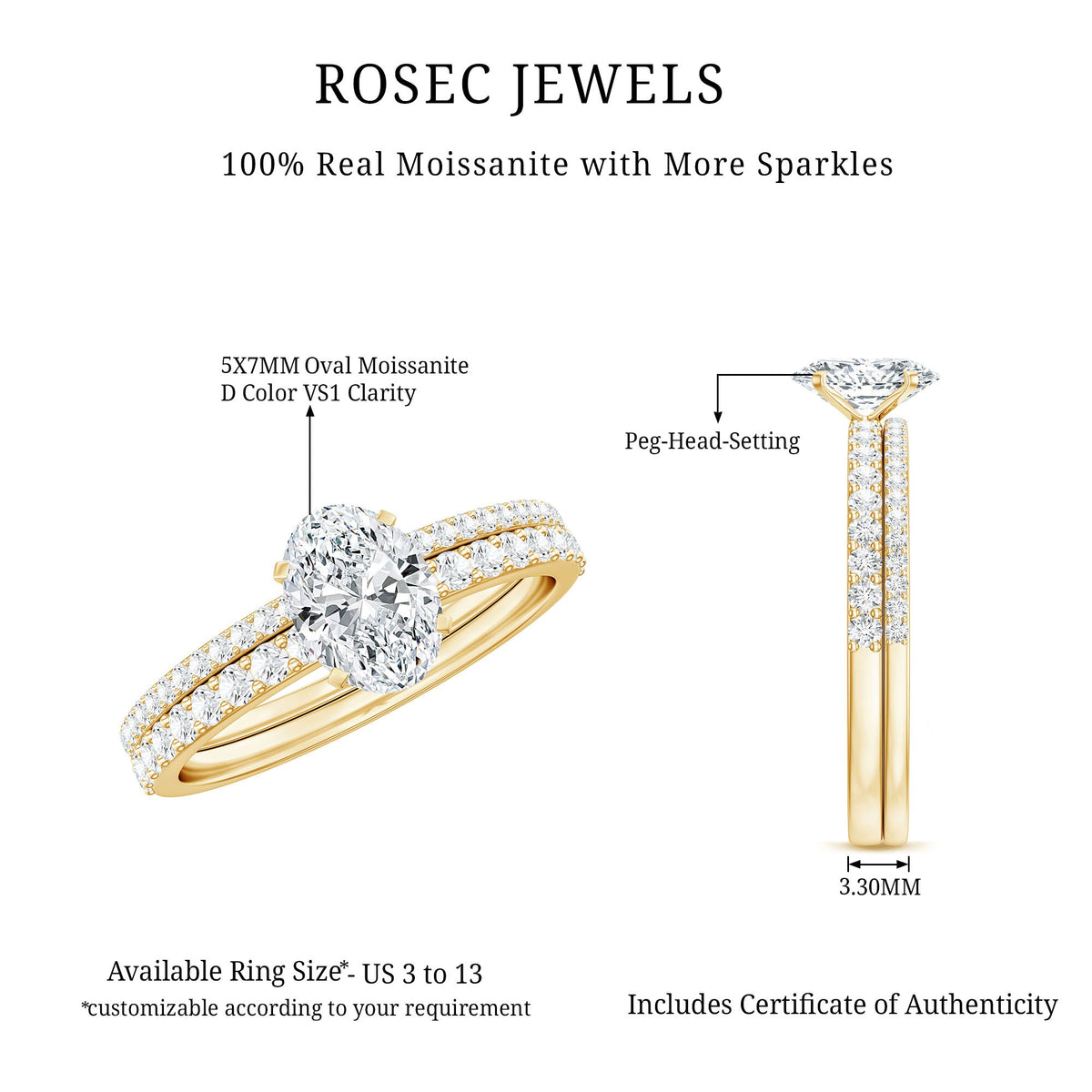 Oval-shaped Moissanite engagement ring with matching wedding band set by Rosec Jewels, showcasing sparkling stones and elegant design.