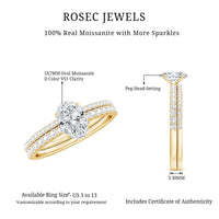 Oval-shaped Moissanite engagement ring with matching wedding band set by Rosec Jewels, showcasing sparkling stones and elegant design.