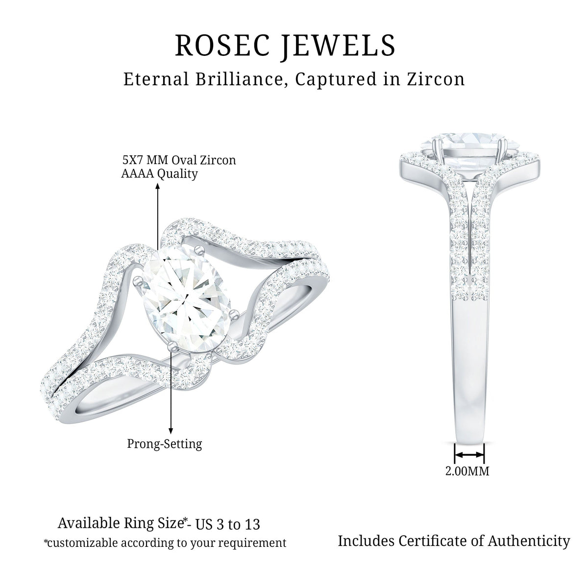 Rosec Jewels 2.25 CT oval cut zircon engagement ring with split shank, showcasing sparkling center stone and elegant band design.