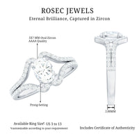 Rosec Jewels 2.25 CT oval cut zircon engagement ring with split shank, showcasing sparkling center stone and elegant band design.