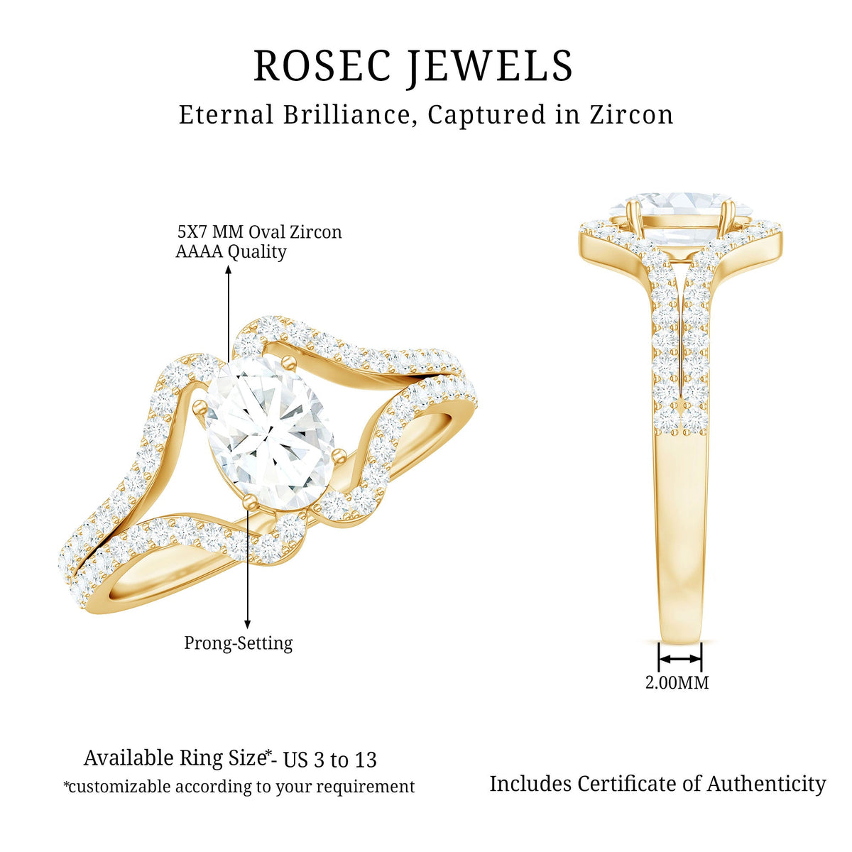 Rosec Jewels 2.25 CT oval cut zircon engagement ring with split shank design, showcasing sparkling gemstone and elegant band details.