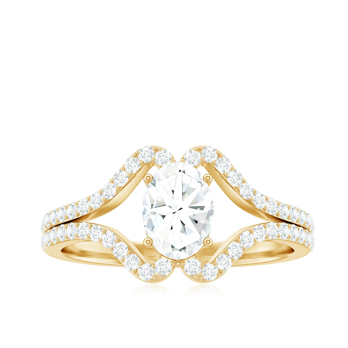 Rosec Jewels 2.25 CT oval cut zircon engagement ring with a split shank design, showcasing a sparkling central stone and elegant band.
