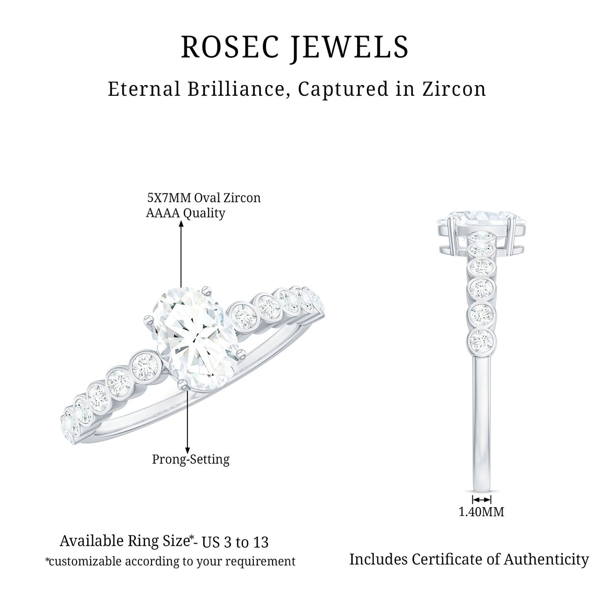 Rosec Jewels 1.75 CT prong set oval cubic zirconia solitaire engagement ring with a sleek band and sparkling center stone.