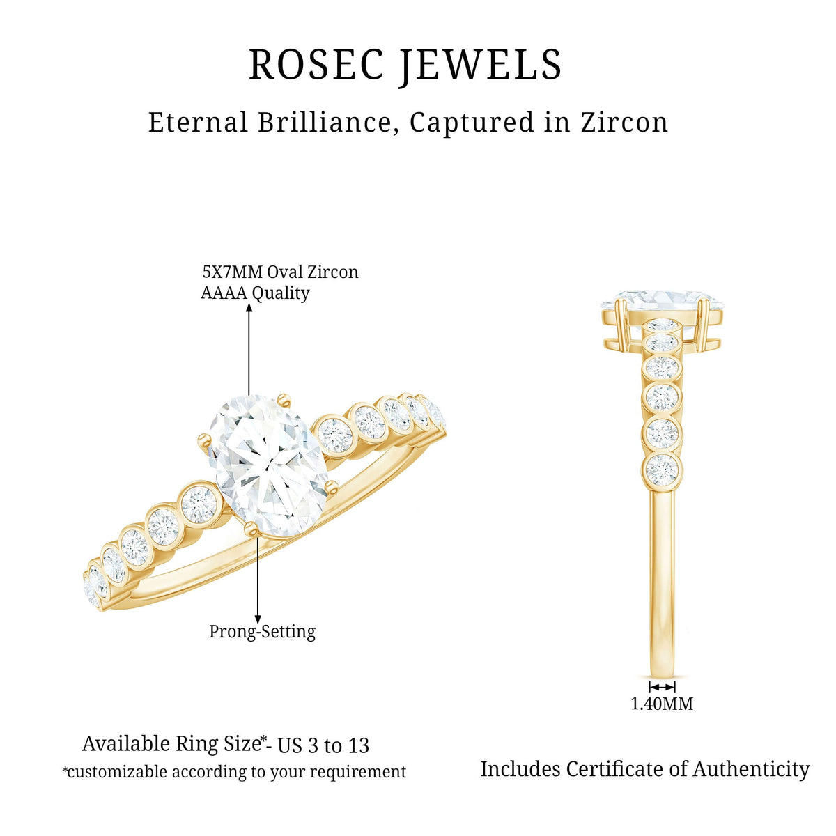 Oval cubic zirconia solitaire engagement ring with 1.75 CT prong setting, crafted by Rosec Jewels, showcasing the sparkling center stone.